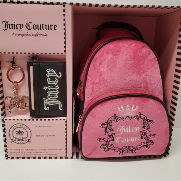 Juicy Couture Handbags - NEW JUICY COUTURE 3PC Mini Backpack Gift Box Set Heritage Card Case Key Hot Pink